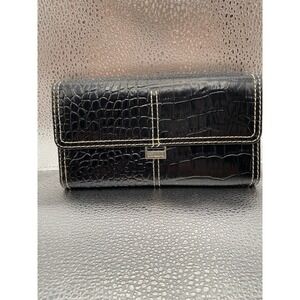 Liz Claiborne Black Crocodile Pattern Women's Folding Checkbook Wallet